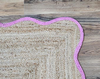 Scalloped Jute Rug, Scallop Jute Area Rug, pink Border Jute Rug Wave Edge Rug, boho Jute Rug, Rectangular Jute Rug, , Bohemian area rug