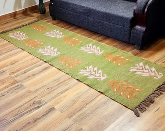 Green Wool jute kilim Runner rug for stairs, Handmade Runner Rug, Vintage Kilim Runner Rug for Entryway | Hallway | kitchen | Bedside Leaf