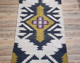 Wool Jute Kilim  Runner Area Rug, Handmade Turkish Runner, Scandinavian Boho Style, Navajo Wool Jute Rug