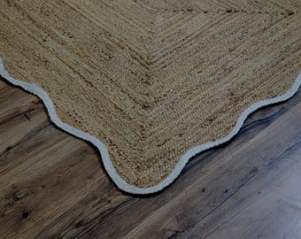 Scalloped Jute Rug, White Border, Hand Braided Bohemian Area Rug