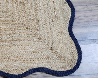 Scalloped Jute Rug, Scallop Jute Area Rug, Blue trim Jute Rug Wave Edge Rug, boho Jute Rug, Rectangular Jute Rug, , Bohemian area rug
