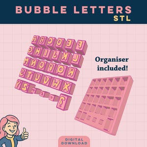 Könnte beinhalten: Ein Set aus 3D-druckbaren Bubble-Letter-Stempeln mit dem Alphabet und einem Fragezeichen, gelbe Buchstaben auf rosa Blöcken. Enthält ein rosa Raster-Organizer-Tablett. Text: BUBBLE LETTERS STL, Organiser included!, und DIGITAL DOWNLOAD.
