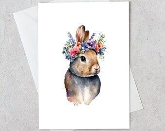 Easter printable greeting card, Instant Download, funny bunny with flower wreath easter scene