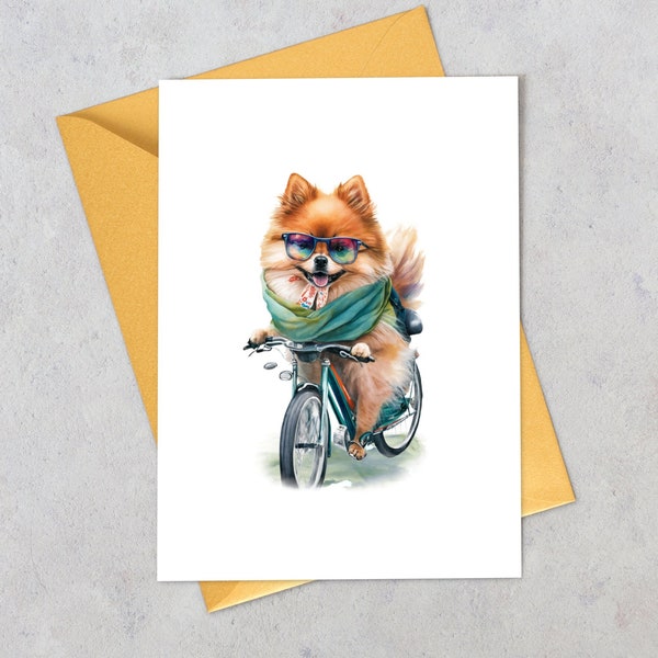 Pomeranian dog funny animal card watercolor dog, cute dogs cards, dog with glasses, dog on a bicycle