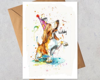 Geburtstagskarte, Basset Hound Hund, gefaltete Karte, Geburtstagshund, Karte für einen Musiker, digitaler Download