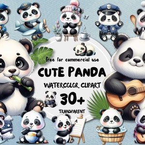 Pacote de clipart de panda fofo, panda em aquarela PNG, gráficos de panda, clipart de chá de bebê, ilustrações para impressão de panda de bebê, uso comercial
