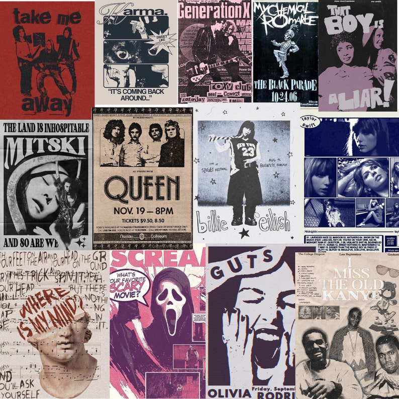 May include: A collage of vintage concert posters featuring various artists, including Mitski, Queen, Billie Eilish, Olivia Rodrigo, and more. The posters are in a variety of colors and styles, with some featuring band names, dates, and locations.