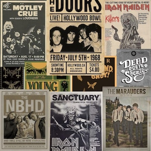 20+ Vintage Concert Poster, Retro Band Poster , Classic Rock Posters, Vintage Music Posters, Aesthetic Wall Collage Kit, room decor