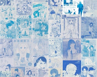 May include: A collage of manga book covers and illustrations in shades of blue. The images feature various anime characters, text, and graphic designs. The overall theme is Japanese manga and comics.