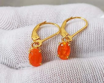 Mexican Fire Opal Leverback Earrings 925 Sterling Silver, October Birthstone Jewelry