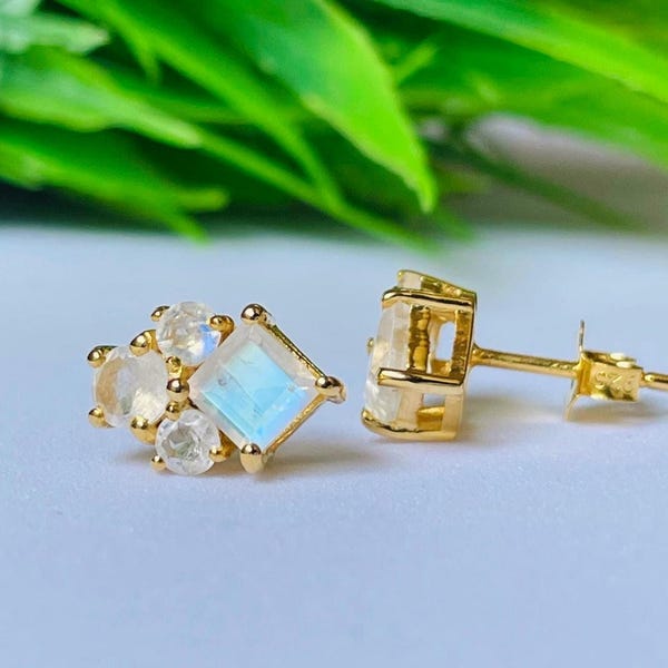 Rainbow Moonstone 925 Sterling Silver Stud Earrings, Princess Cut Earring