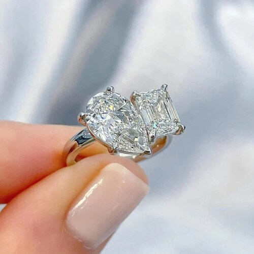 Toi Et Moi Moissanite Diamond Engagement Ring, Emerald and Pear Cut Two Moissanite Diamond Ring, 14k White Gold shops Solitaire Ring, Women's Gift