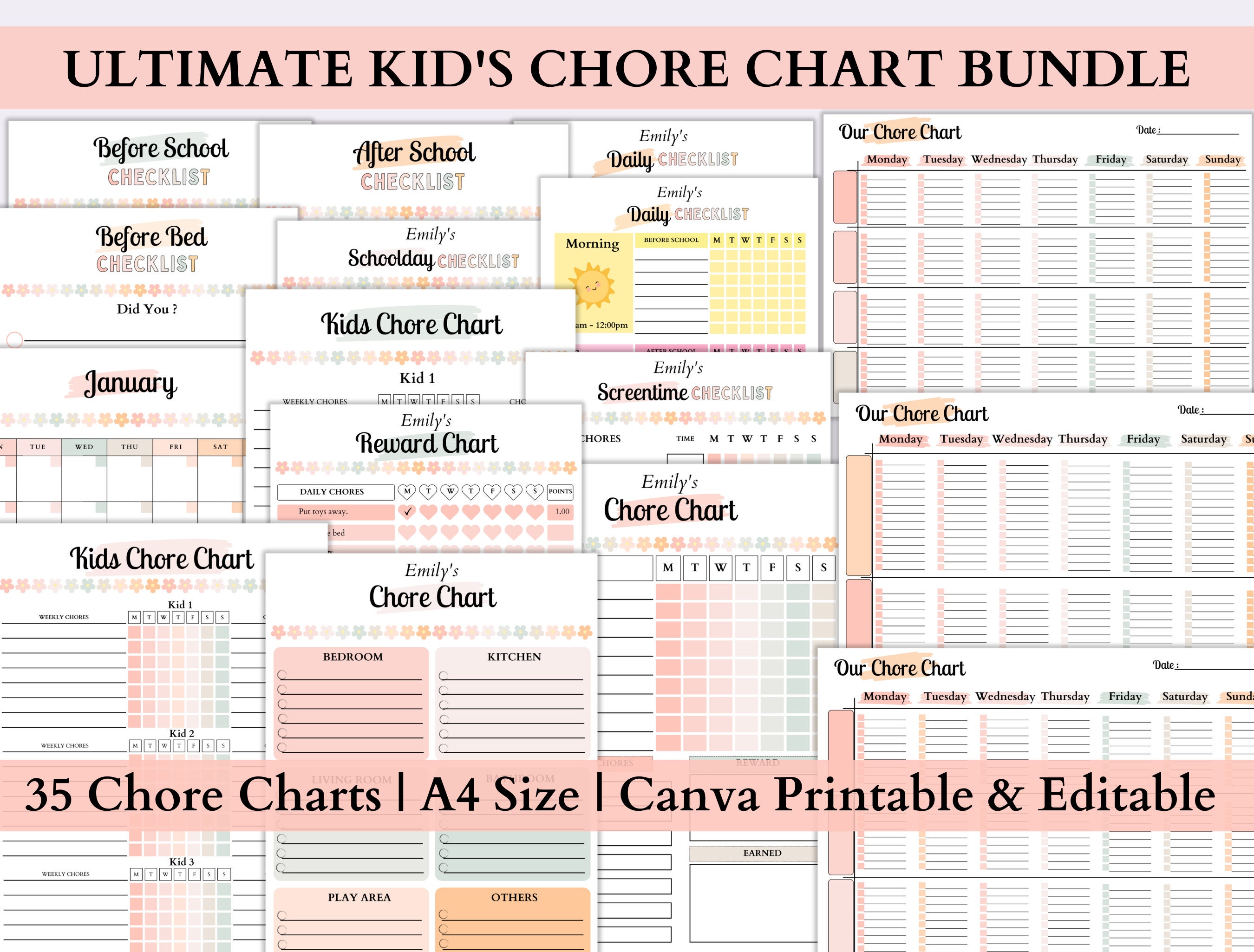 Kids Ultimate Chore Chart Bundle35 Canva Editable & Printable Kids ...