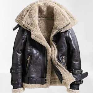Men Genuine Lambskin Leather Aviator Pilot B3 Bomber Jacket -Faux Shearling Flying Coat with Dual Collars