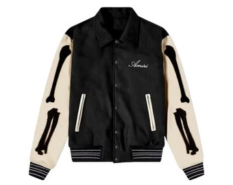 Handmade Black Varsity Jacket - Men's Wool Bomber Bones Baseball Jacket - Men's Amiri Varsity Jacket