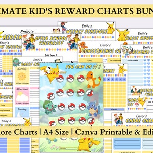 Pokemon Pikachu Ultimate Kids Reward Charts Bundle | 20 Canva Editable ...