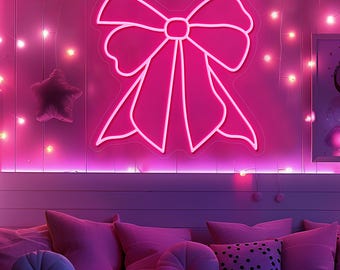 Pink Bow LED Neon Sign Wall Decor, Rosette Bedroom Decor, Y2K Girly Wall Art, Beauty Salon & Nursery Light, Personalized Gift for Her