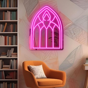 Letreiro de neon com espelho gótico, decoração de janela em arco gótico, presente para amantes do gótico, letreiro de espelhos medievais góticos, arco de catedral gótica, presentes com letreiros góticos