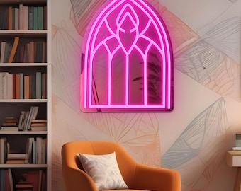 Gotische spiegel neonreclame: boog kathedraal, woondecoratie vampier