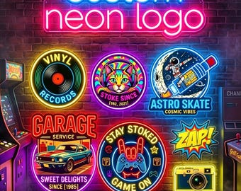 May include: A collection of custom neon signs mounted on a brick wall. Designs include a vinyl record, a colourful cat, an astronaut on a skateboard, a classic car, a gaming controller, the word ZAP, and a camera, with the text custom neon logo above.