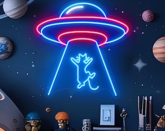 UFO Cat Abduction Neon Sign, Funny Alien Spaceship Light for Cat Lovers, Cute Gift Idea, Flying Saucer Nursery Sign, Creative Gamer Wall Art