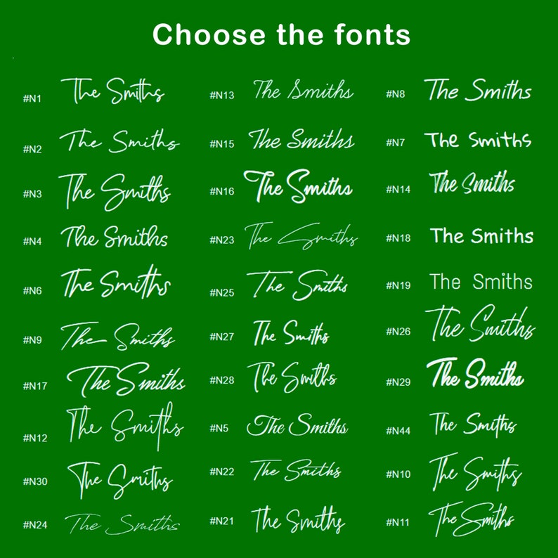 May include: A green background with 30 different font styles of the text "The Smiths" in white. Each font style is numbered with a hashtag.