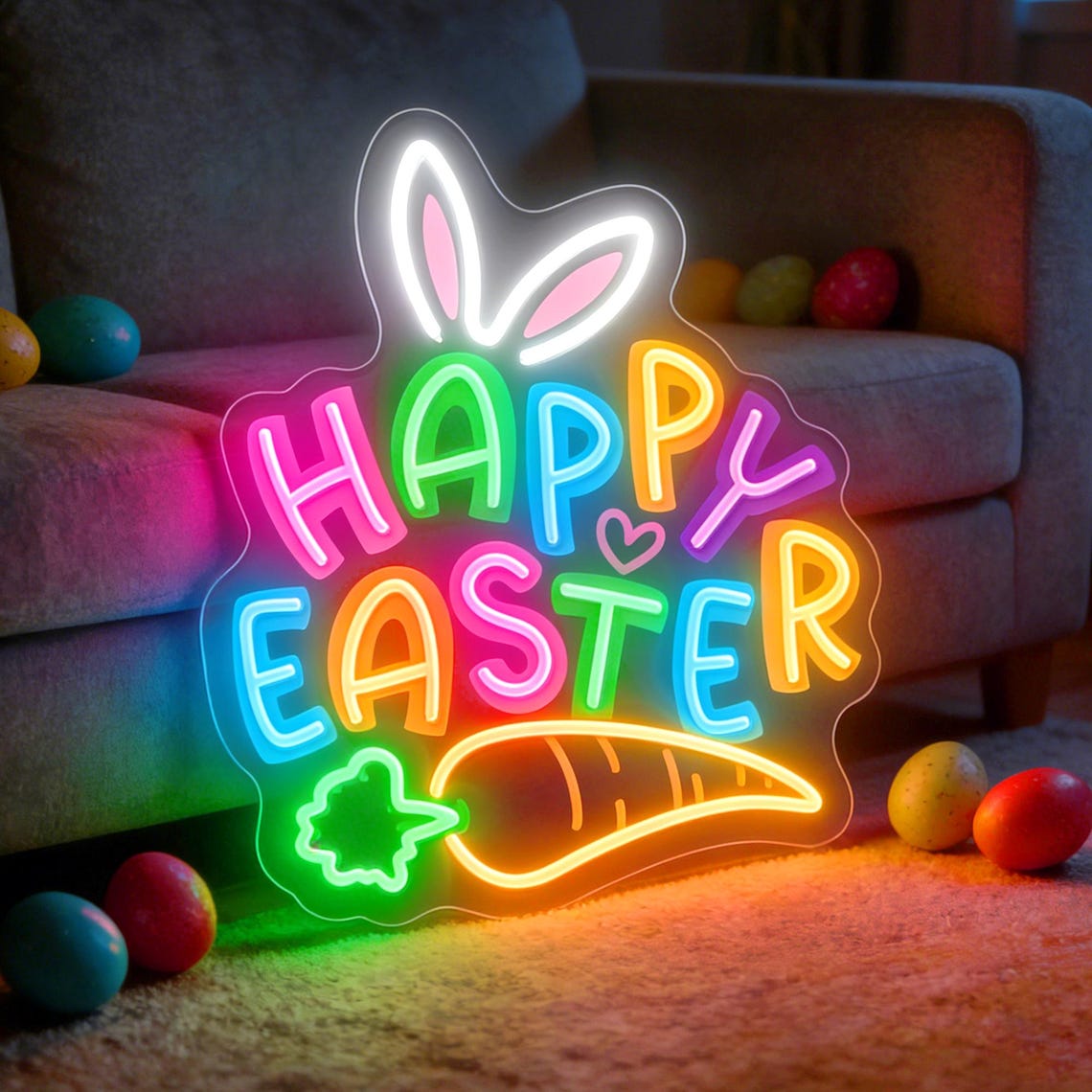 Happy Easter Neon Sign – Basket Shape LED Wall Decor For Nursery, Bedroom, Party – USB Powered, Dimmable, Great Gift Idea