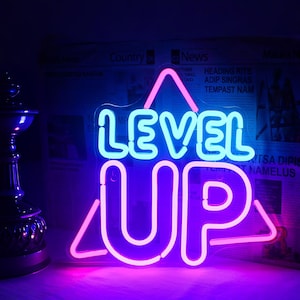 Letrero de neón "Level Up", letrero de neón "Games", regalo personalizado para gamers, arte mural para gimnasios, zona de juegos de neón, letrero LED de jugador, letrero luminoso de transmisión, Twitch