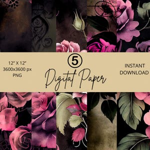 Pode incluir: Cinco designs de papel digital com ilustrações de aquarela de rosas rosa escuro sobre um fundo preto. O texto "Digital Paper" é exibido no centro da imagem.