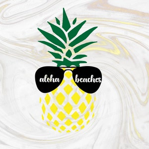 May include: A yellow pineapple with green leaves wearing black sunglasses that say "aloha beaches" on the lenses.