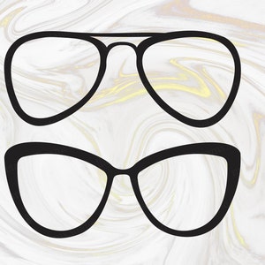 May include: Two pairs of sunglasses, one with a classic aviator style and the other with a cat-eye shape. Both pairs are black and outlined against a white marble background.