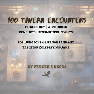 May include: A digital download of 100 tavern encounter ideas for Dungeons & Dragons and other tabletop roleplaying games. The cover image features a top-down view of a tavern interior with wooden tables and chairs, a fireplace, and a bar.
