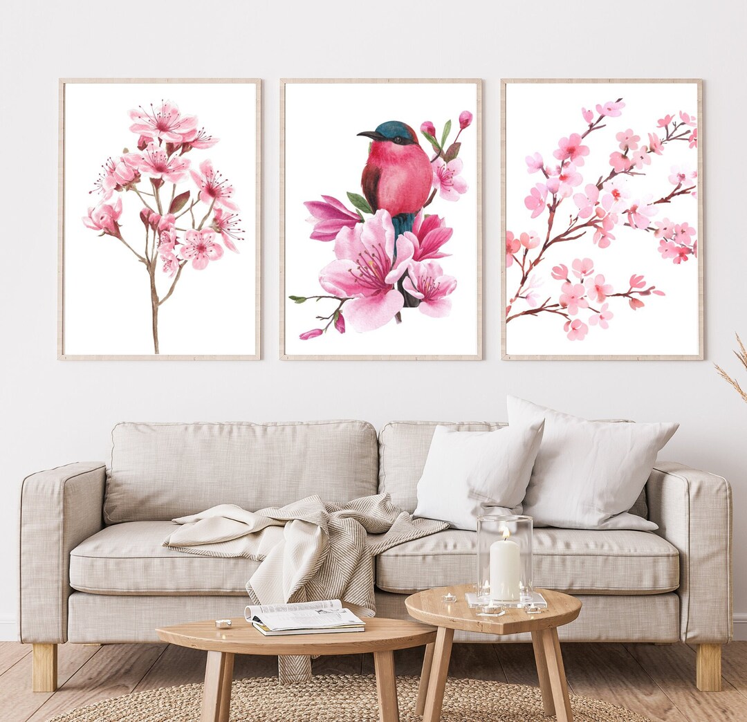 Cherry Blossom Watercolor Art Prints: Set of 3 Floral Wall Decor ...
