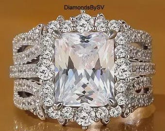 9 x 7 mm briljant geslepen moissanite halo diamanten ring, bijpassende open manchetband met pavézetting, 18-karaats gouden inzetstuk bruidsringenset