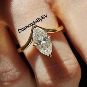 V Shape Band Ring, 10k Yellow Gold Women&#39;s Ring, 12x6 MM Marquise Cut Moissanite Engagement Ring, Compass Prong Set Solitaire Diamond Ring
