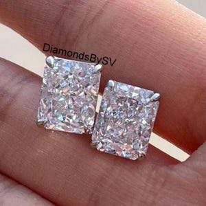 Solitaire Diamond Stud Earrings, 10k White Gold Women&#39;s Earrings, 10x8MM Radiant Cut Colorless Moissanite Earrings, Anniversary Special Gift