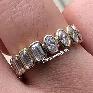14k Yellow Gold Proposal Band, Half Way 5x3 MM Emerald & Oval Cut Lab Grown Diamond Engagement Band, Bezel Set Full Eternity Stacking Band