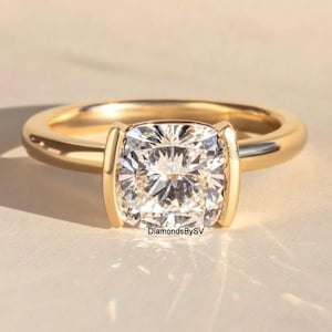 3CT Cushion Cut Moissanite Proposal Ring, Unique Style Half Bezel Set Solitaire Ring, 10k Yellow Gold Daily Wear Ring, Surprise Diamond Ring