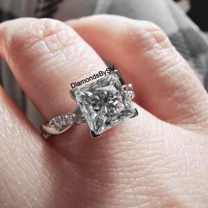 7 MM Princess Cut Moissanite Ring, Twisted Pave Set Ring, Stylish 18k White Gold Ring, Block Prong Setting Ring, Anniversary Ring For Her
