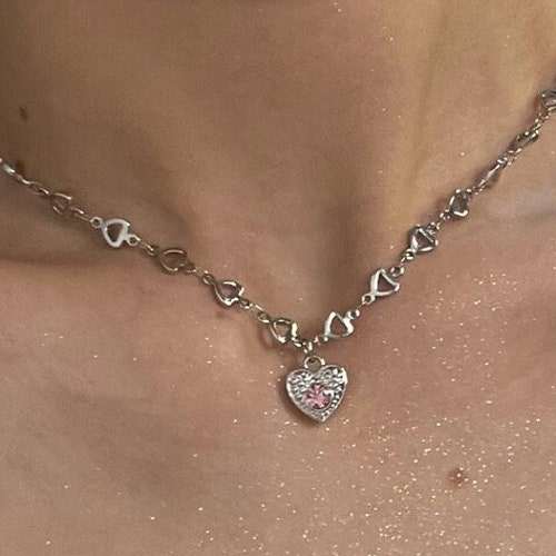 Y2K Pink Heart Necklace Y2k Jewelry Punky Jewelry Goth Etsy