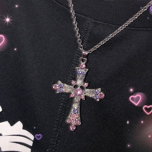 Y2k Gothic Rhinestone Cross Necklace Y2k Jewelery Streetwear Etsy