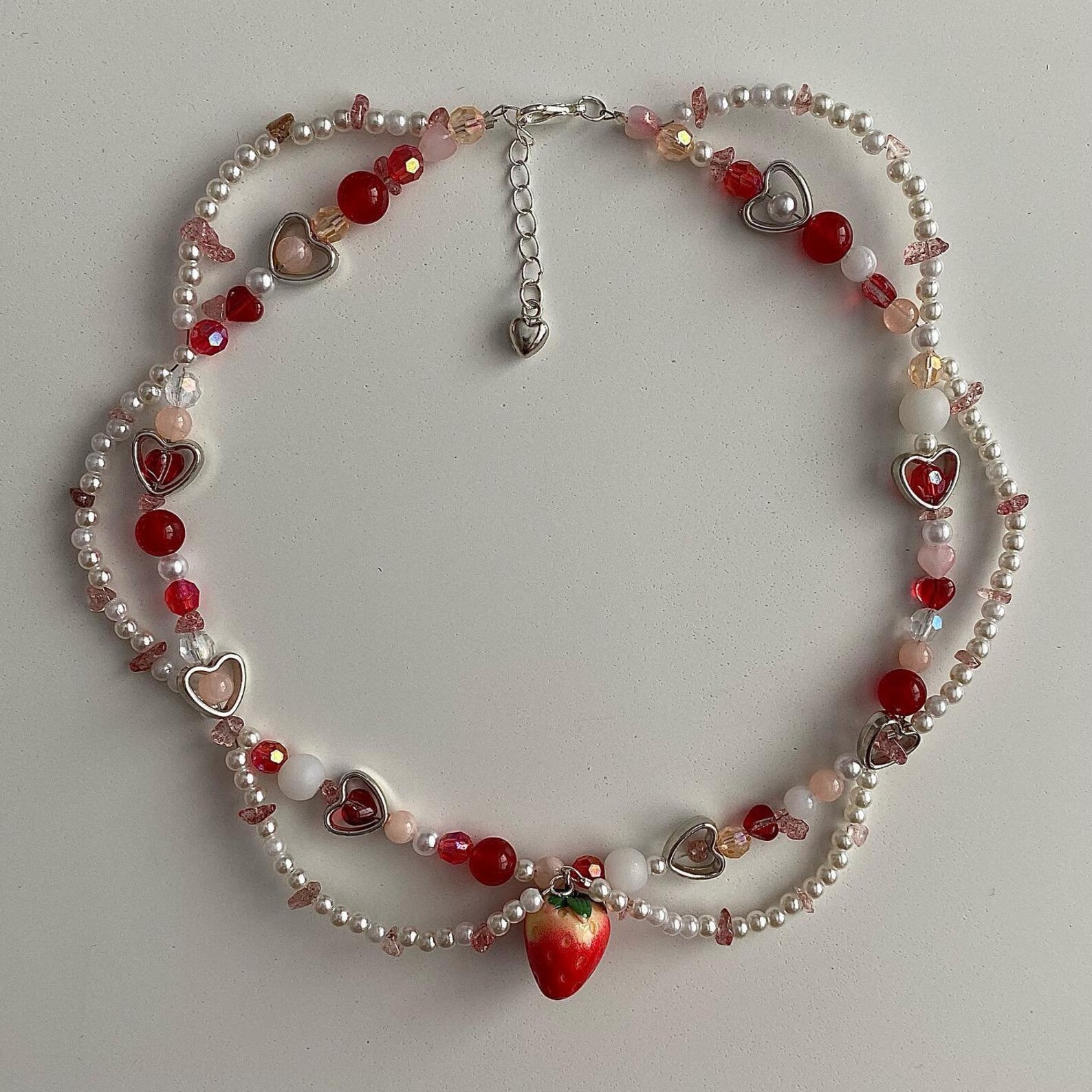 Strawberry Pearl Beaded Necklace – Y2K Layered Crystal Choker, Adjustable 7-9", Natural Freshwater Pearls & 925 Silver