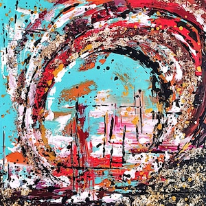 May include: Abstract painting featuring a large, swirling, black and gold arc against a turquoise backdrop. The arc is surrounded by splashes of red, orange, white, and black paint. The background is also dotted with small, white and black spots.