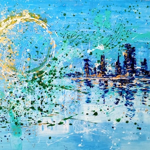 Pintura abstrata original - Cidade nas nuvens - paisagem de nuvens de fantasia azul turquesa e verde - grande parede colorida art déco - escritório em casa