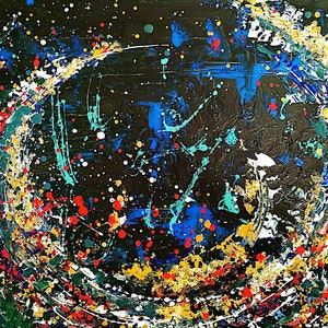 May include: Abstract painting with a circular design in shades of blue, green, yellow, red, and white on a black background.