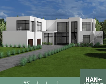 May include: A white modern house with large windows and a driveway. The house has a flat roof and a simple design. The text "HAN+ ARCHITECTURE" is in the bottom right corner of the image. The text "7977 TOTAL SQFT" is in the bottom left corner of the image. The text "5 BED" is in the bottom left corner of the image. The text "6 BATH" is in the bottom left corner of the image. The text "1 GARAGE" is in the bottom left corner of the image.