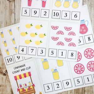 Lemonade Number Count and Clip Printable  • Lemonade Clothes pin Game  • Clothespin Match Activity