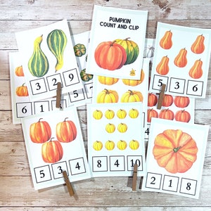 Conteggio delle zucche e cartoline con clip / Apprendimento in autunno e Halloween