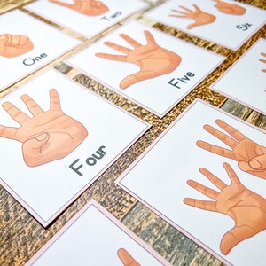 May include: Set of ten white cards with pink borders, each featuring a hand showing a different number of fingers, from one to ten. The cards also include the corresponding number word, such as "One", "Two", "Three", etc.