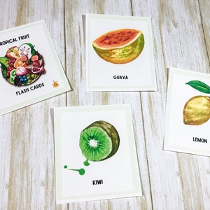 Tarjetas didácticas de frutas tropicales • Montessori imprimibles • Material educativo • Aprendizaje de frutas